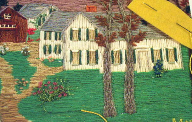 Grandma Moses embroidery detail Mt. Nebo on a Hill