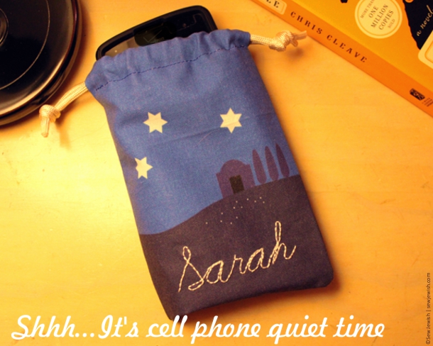 Cell phone sleeping bag embroidered with name Sarah